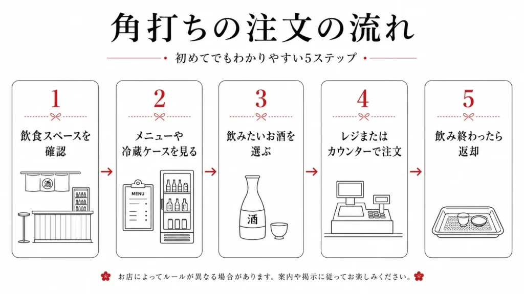 角打ちの注文の流れを説明している図解